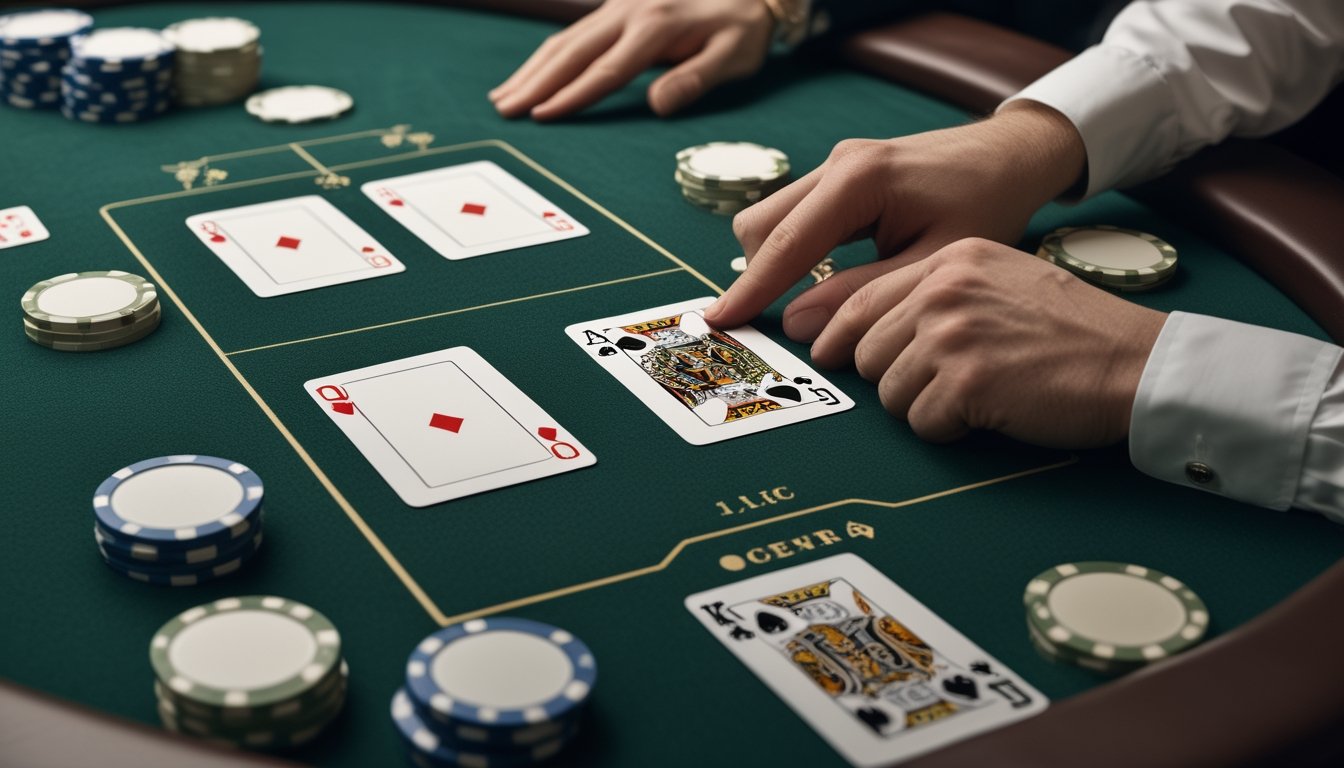 Pemain poker menilai kombinasi kartu Queen-high di atas meja kasino dengan keping taruhan.
