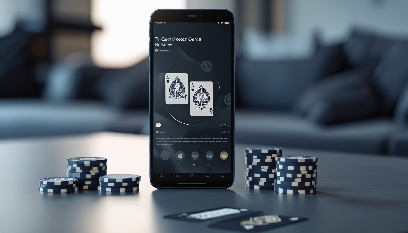 Ponsel menampilkan permainan kartu poker dengan tiga kartu, dikelilingi keping poker dan kartu fisik di atas meja.