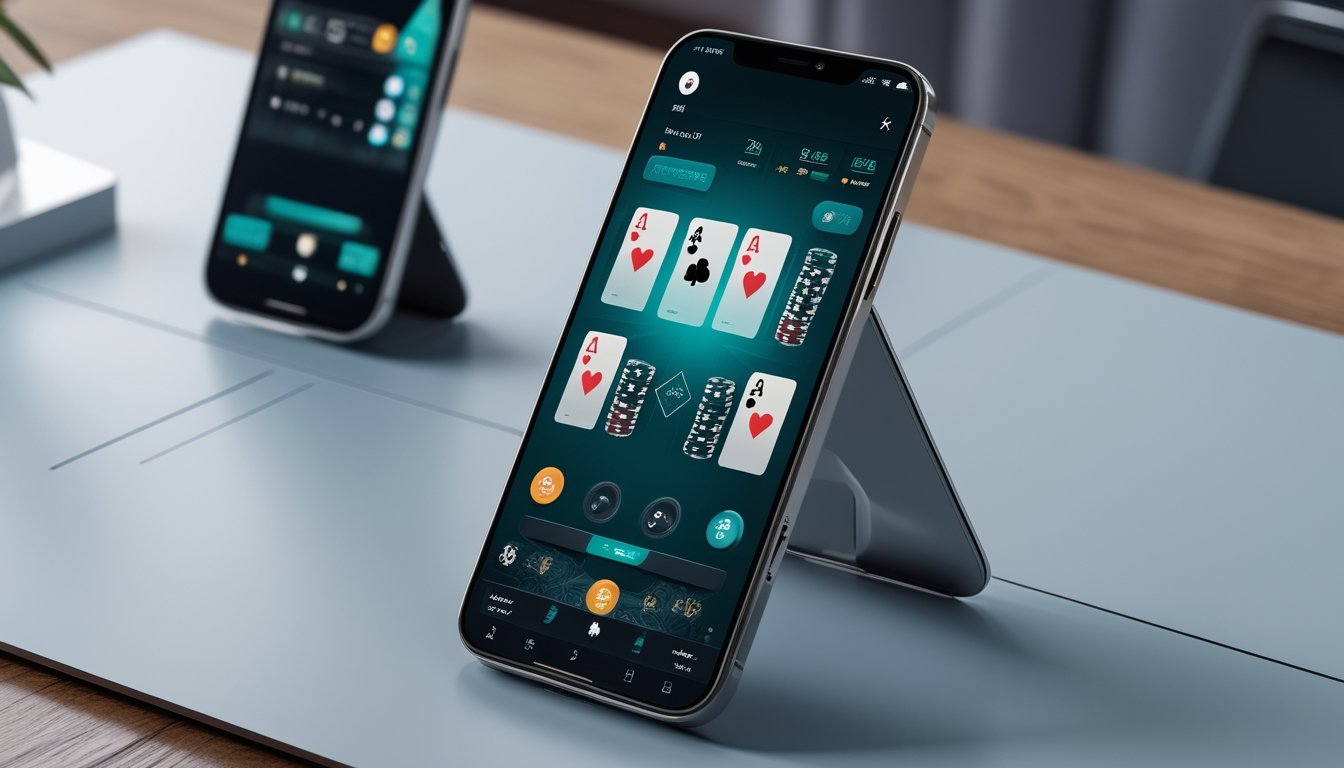 Ponsel menampilkan permainan poker tiga kartu di atas meja dengan kartu dan keping poker di sekitarnya.