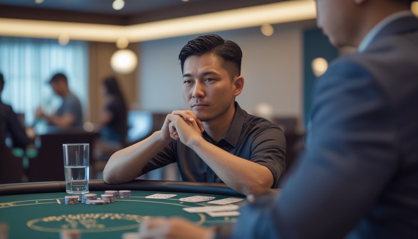 Seorang pemain poker tampak tenang dan fokus di meja dengan kartu serta keping poker.