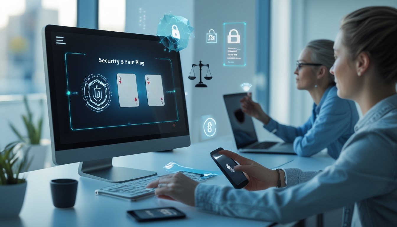 Pemain dewasa menggunakan platform poker tiga kartu daring dengan simbol perisai, kunci, dan timbangan yang melambangkan keamanan serta permainan adil.