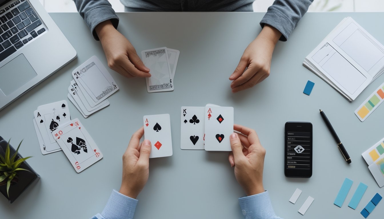 Tangan pemula sedang menyusun tiga kartu poker di atas meja belajar dengan catatan kosong dan ponsel.