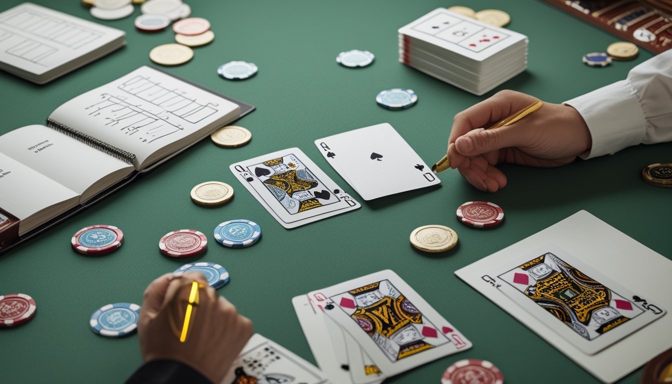 Tiga kartu poker, keping taruhan, dan buku catatan tersusun di atas meja felt hijau.