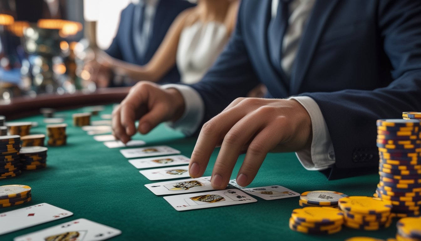 Meja kasino modern dengan tiga kartu poker, keping taruhan, dan tangan dealer yang sedang menata kartu.