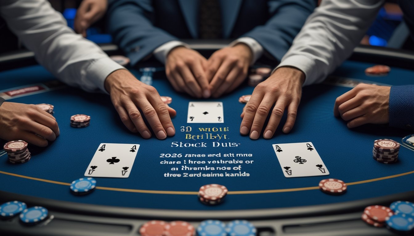 Dealer dan pemain dewasa bermain poker tiga kartu di meja kasino dengan kartu dan tumpukan chip.