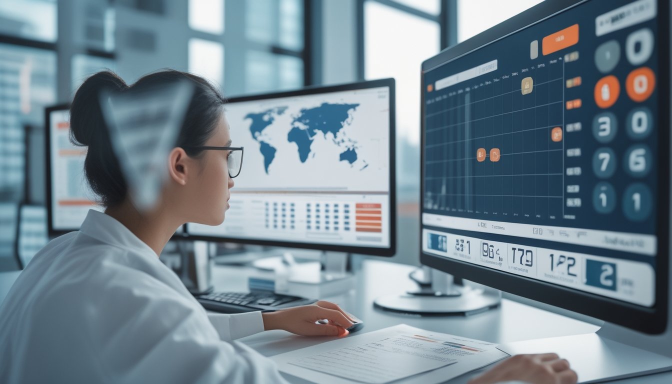 Seorang analis memeriksa grafik angka dan pola data di ruang kerja modern dengan latar kota yang samar.