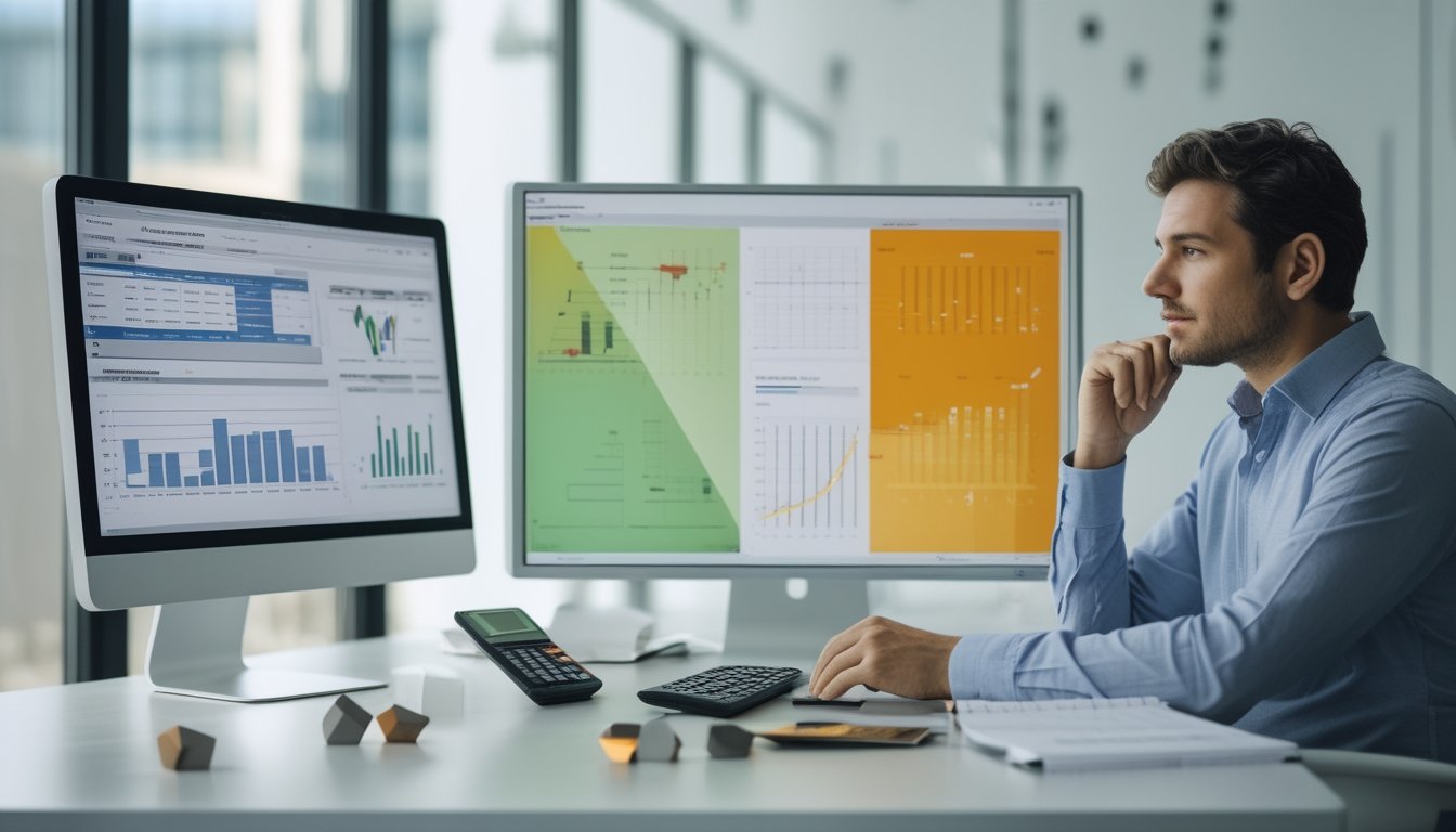 Seorang analis meninjau grafik statistik dan risiko di meja kerja modern.