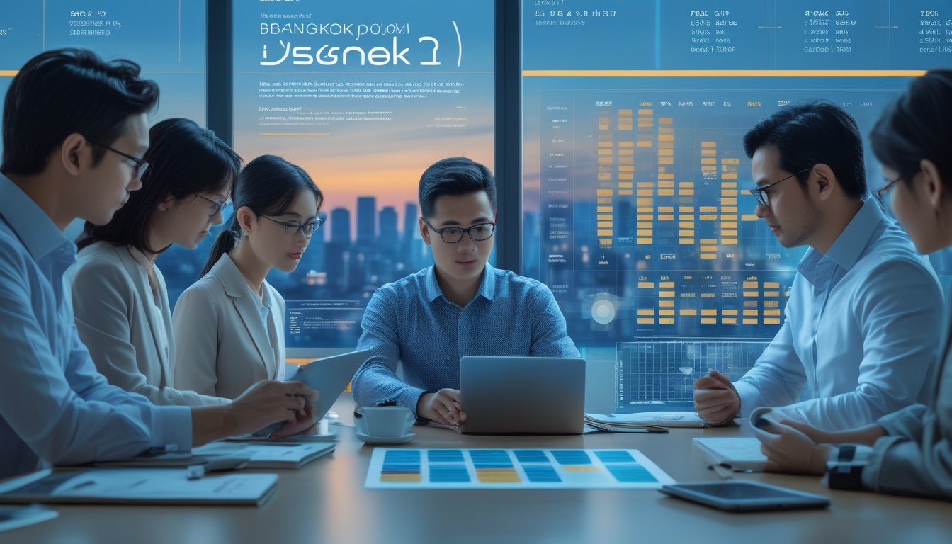 Sekelompok analis dewasa berdiskusi di ruang kerja modern sambil memeriksa data abstrak pada laptop, tablet, dan grafik.