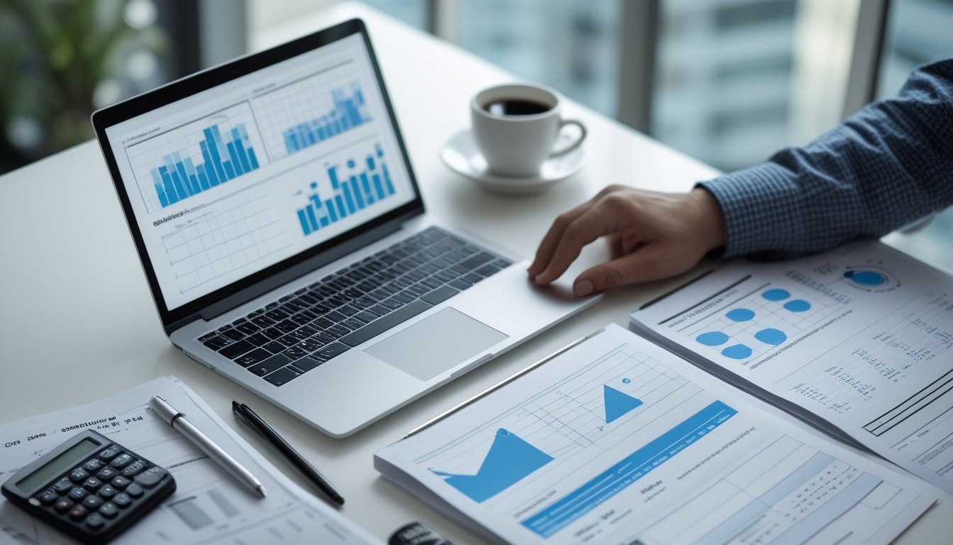 Meja kerja modern dengan laptop menampilkan grafik dan pola data numerik abstrak, disertai kalkulator, lembar data, dan pena.
