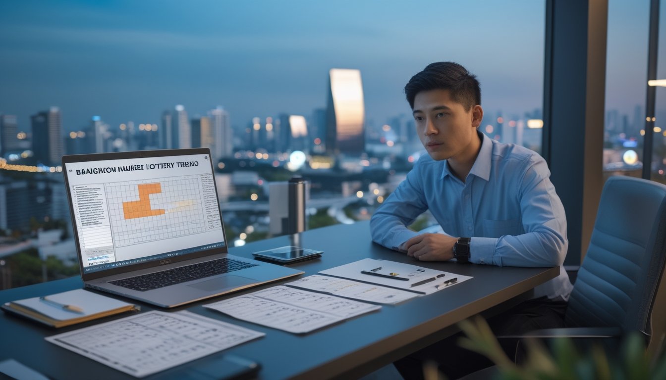 Analis sedang meninjau grafik dan data abstrak di meja kerja dengan pemandangan kota Bangkok di latar belakang.