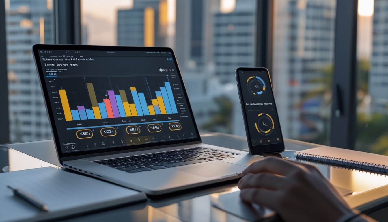Meja kerja modern dengan laptop dan ponsel yang menampilkan grafik analisis, berlatar siluet kota Bangkok.