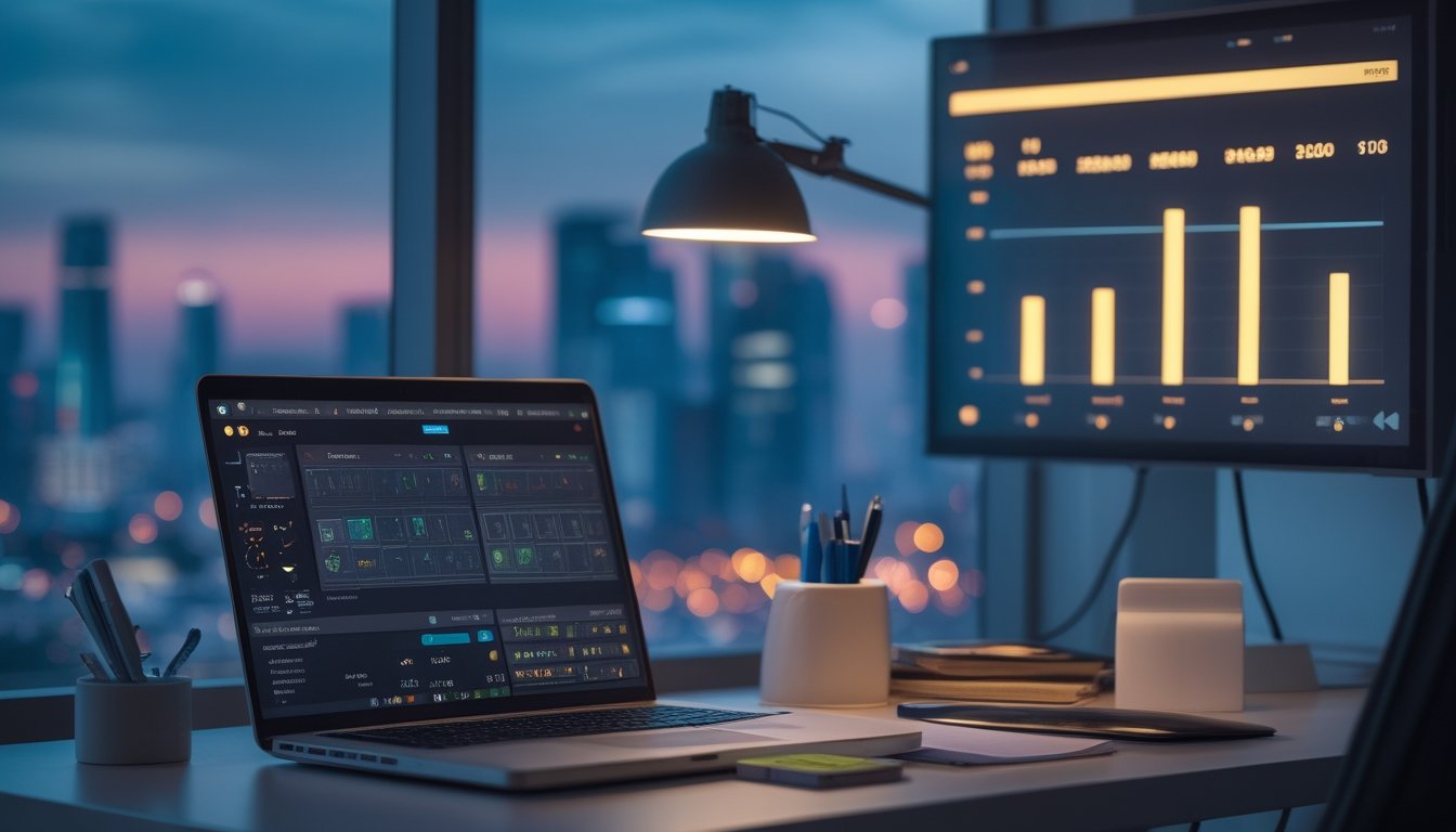 Ruang kerja modern dengan laptop berisi grafik data abstrak, kalkulator, dan pemandangan kota Bangkok di malam hari.