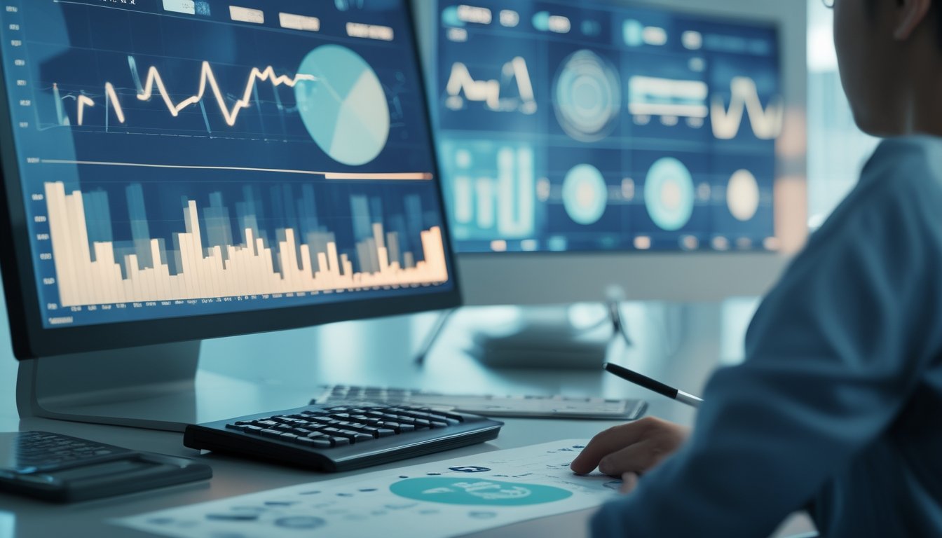 Ruang kerja modern dengan layar yang menampilkan grafik analisis data dan latar siluet kota Bangkok.