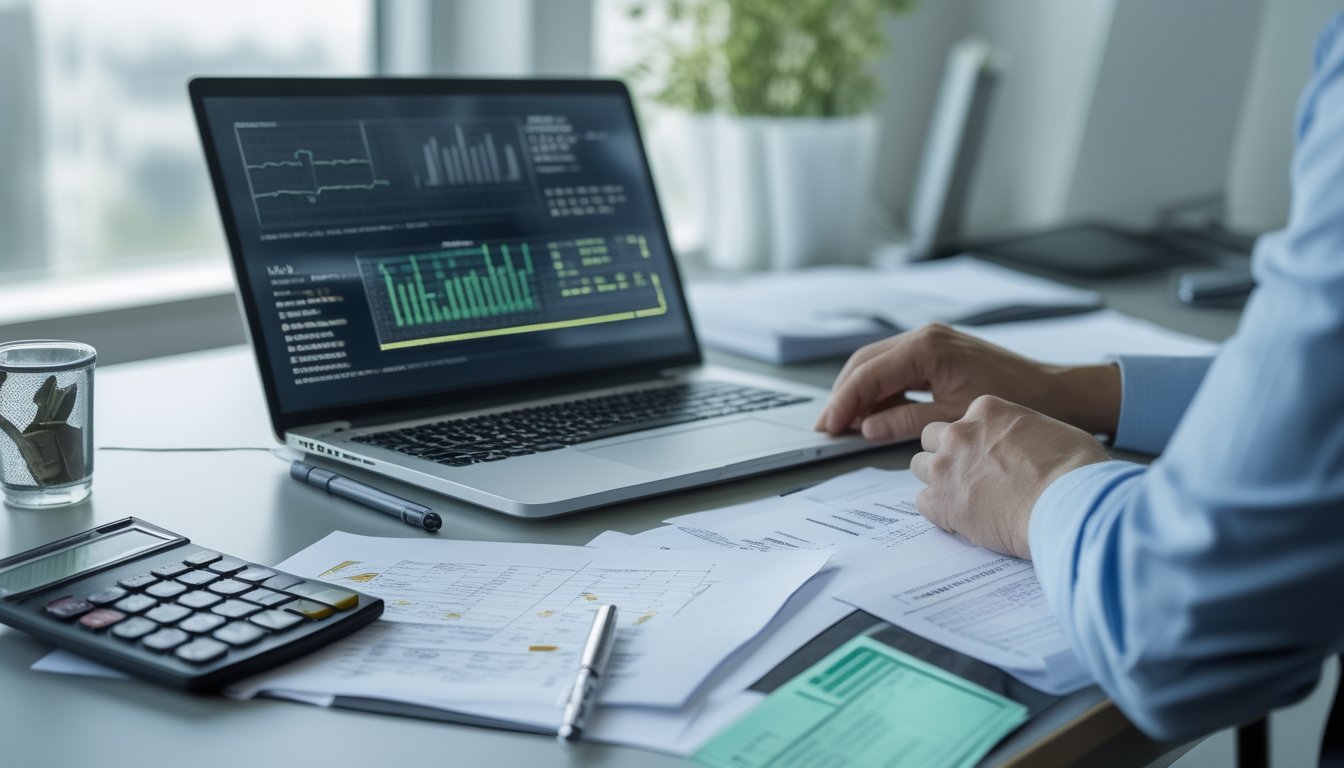 Analis meninjau dokumen dan grafik data historis di meja kerja dengan laptop, kalkulator, dan catatan.