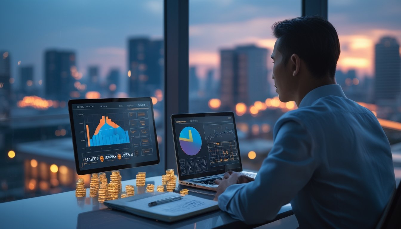 Seorang analis meninjau visualisasi data abstrak di meja kerja dengan latar suasana kota Bangkok.