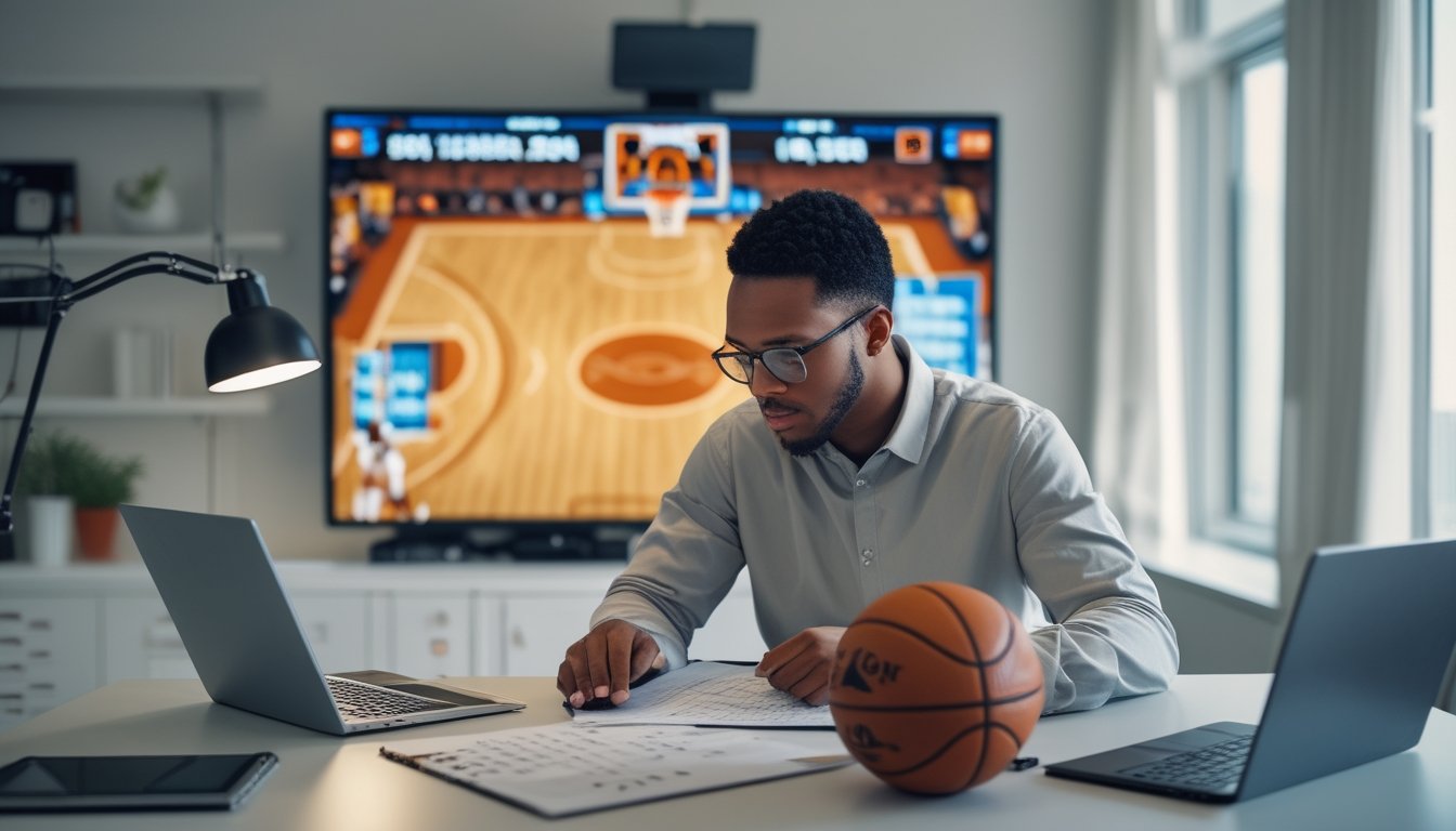 Seorang pemula menganalisis statistik pertandingan basket di meja kerja dengan tablet, catatan, kalkulator, dan bola basket.