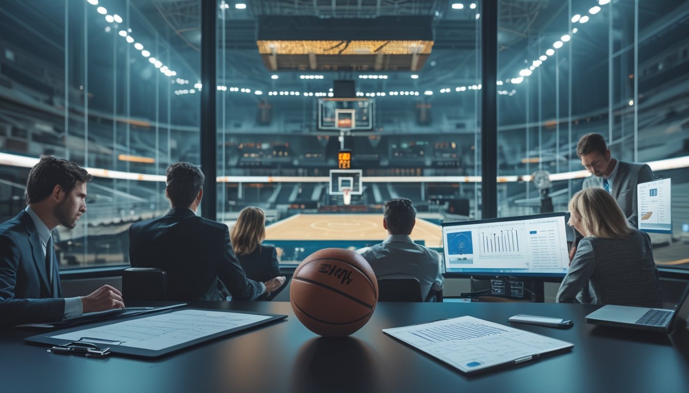 Analis olahraga mempelajari data pertandingan basket di ruang kerja modern dengan bola basket dan layar grafik abstrak.