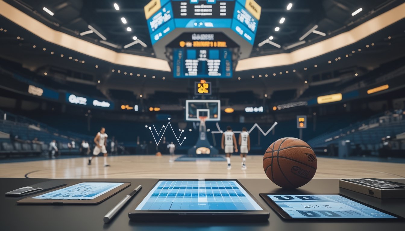 Suasana pertandingan basket dengan meja analisis berisi bola, papan catatan, kalkulator, dan grafik abstrak.
