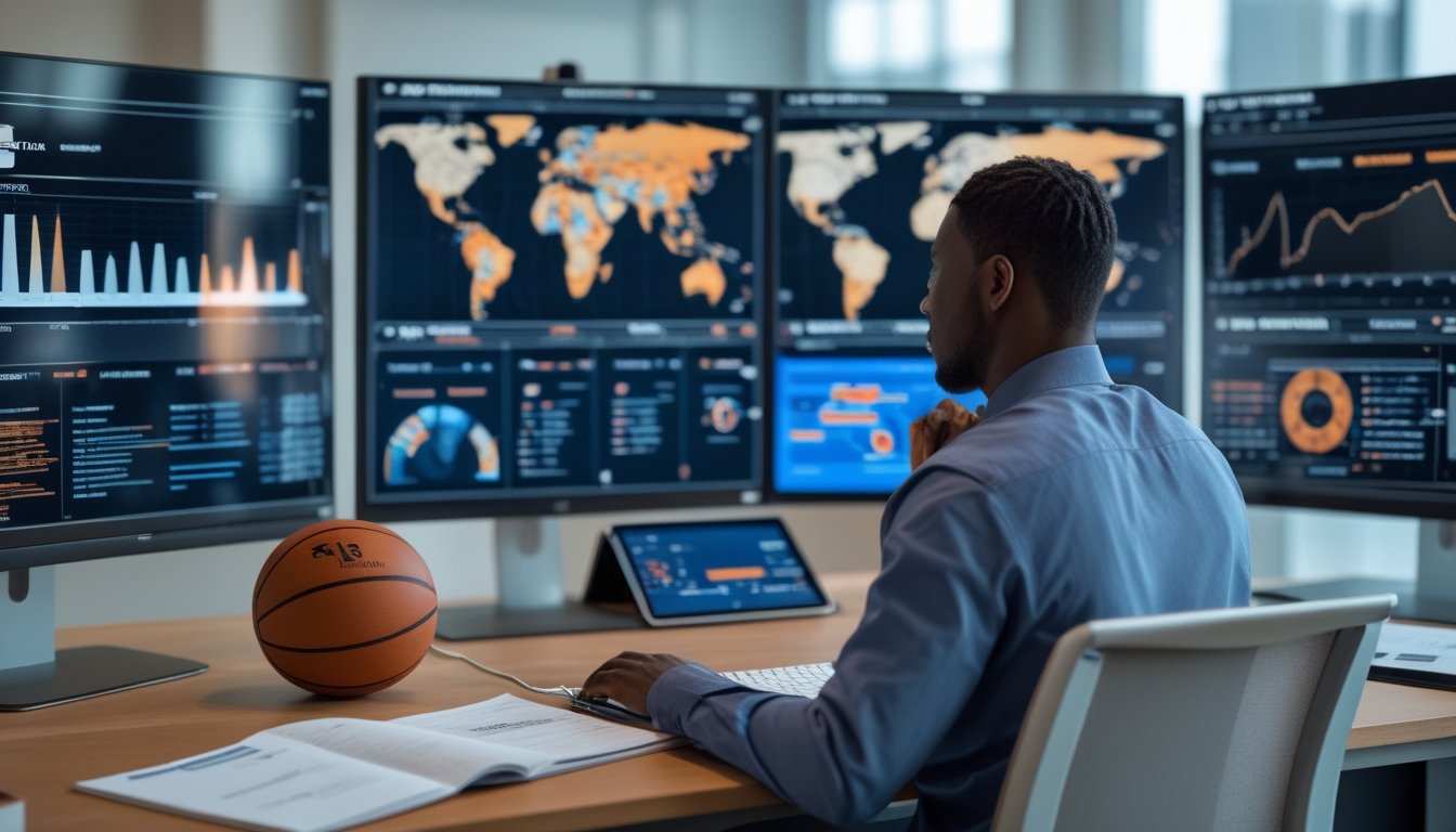 Seorang analis olahraga mempelajari grafik statistik basket di ruang kerja modern dengan bola basket di atas meja.