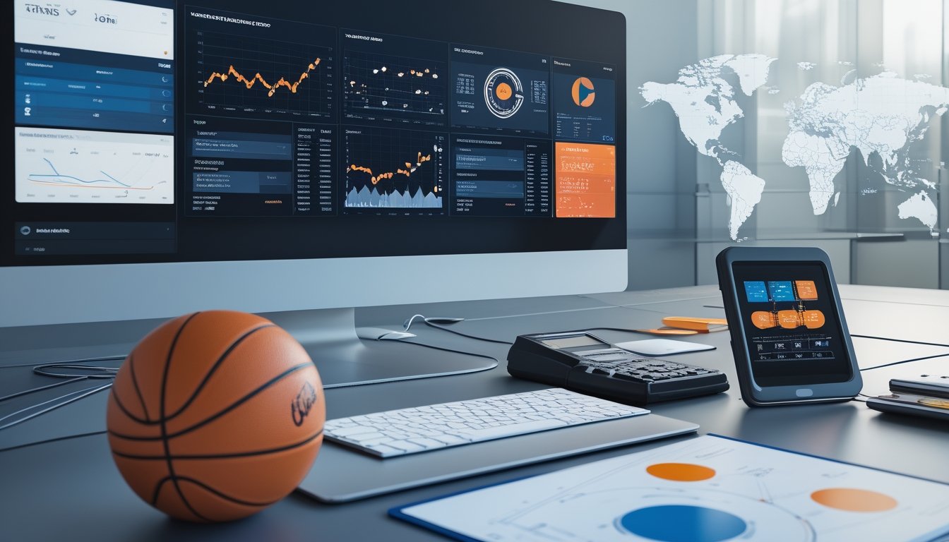 Meja kerja analis dengan bola basket, perangkat digital, dan grafik statistik pertandingan.