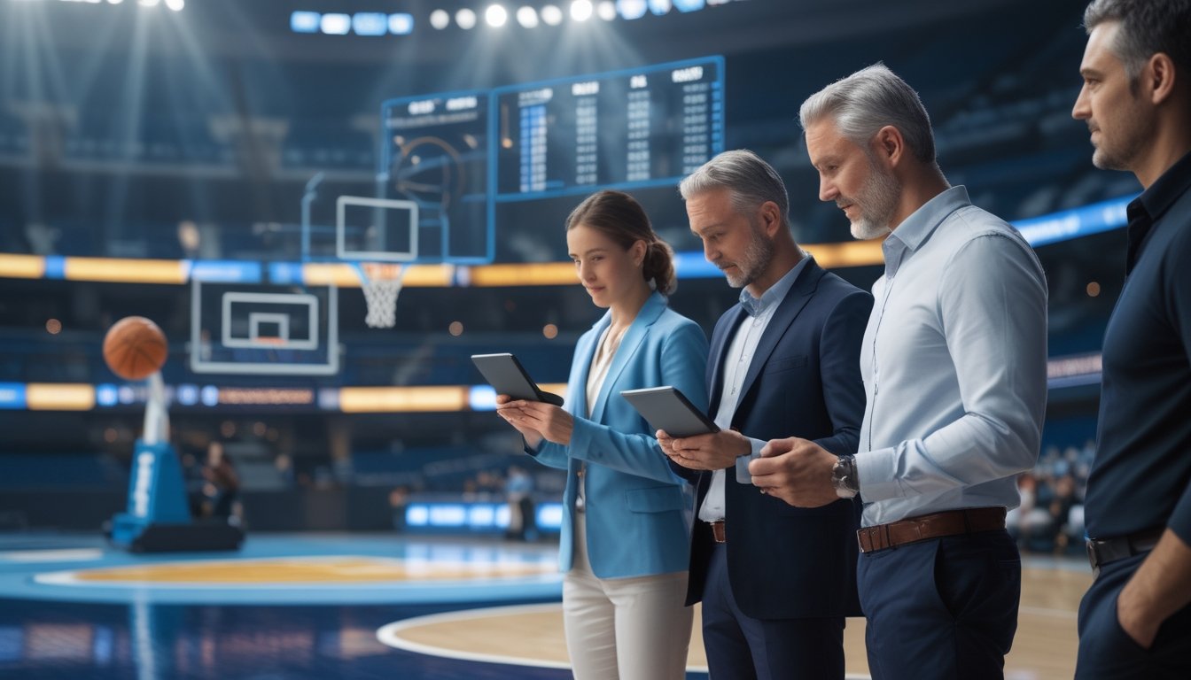 Analis olahraga meninjau data pertandingan basket di arena modern.