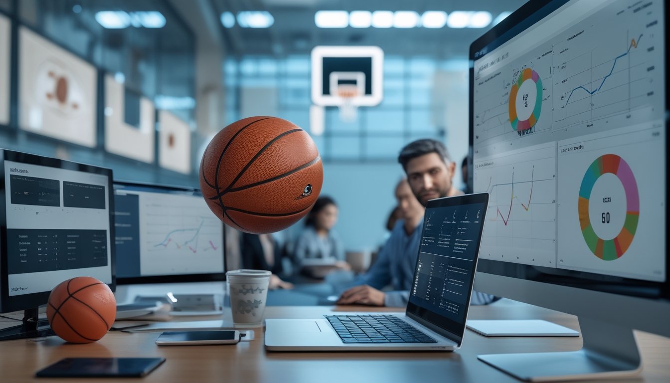 Tim analis dewasa meninjau data pertandingan basket di ruang kerja modern dengan laptop, layar analisis, dan lapangan basket di latar belakang.
