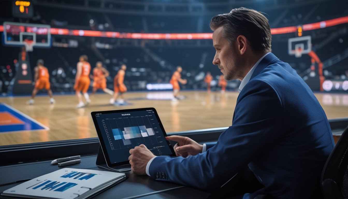 Seorang analis memantau pertandingan bola basket secara langsung menggunakan tablet di tepi lapangan.