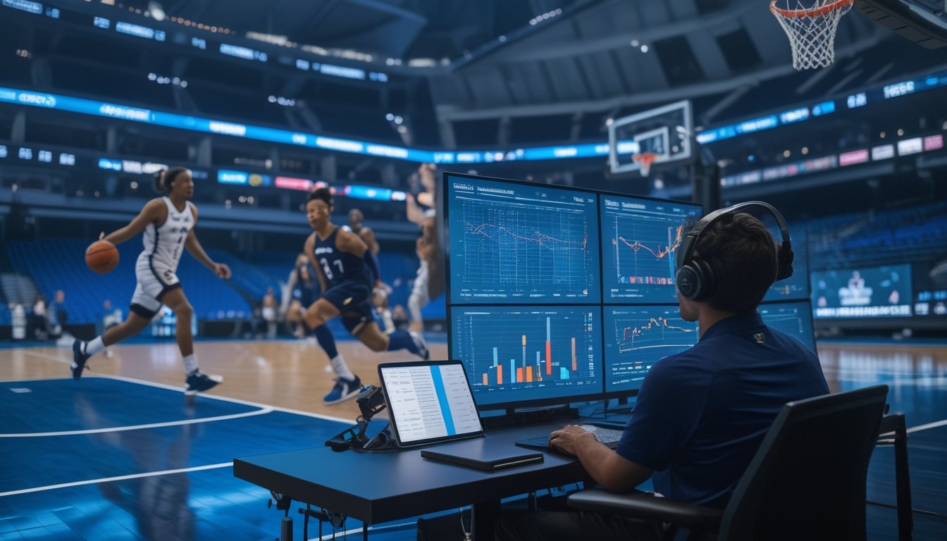 Seorang analis mengamati pertandingan basket yang sedang berlangsung sambil memeriksa data di beberapa layar.