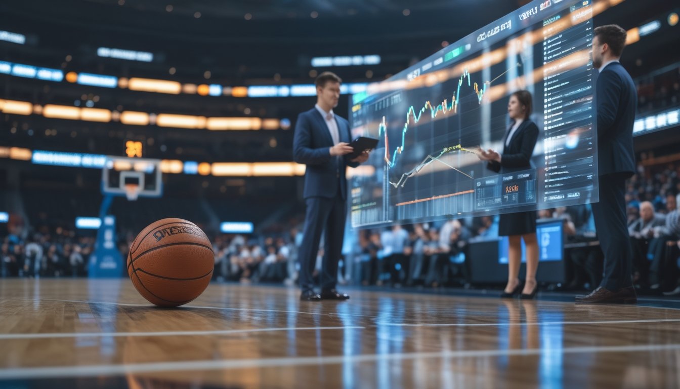 Dua analis olahraga mempelajari data pertandingan basket di tepi lapangan dalam arena modern.