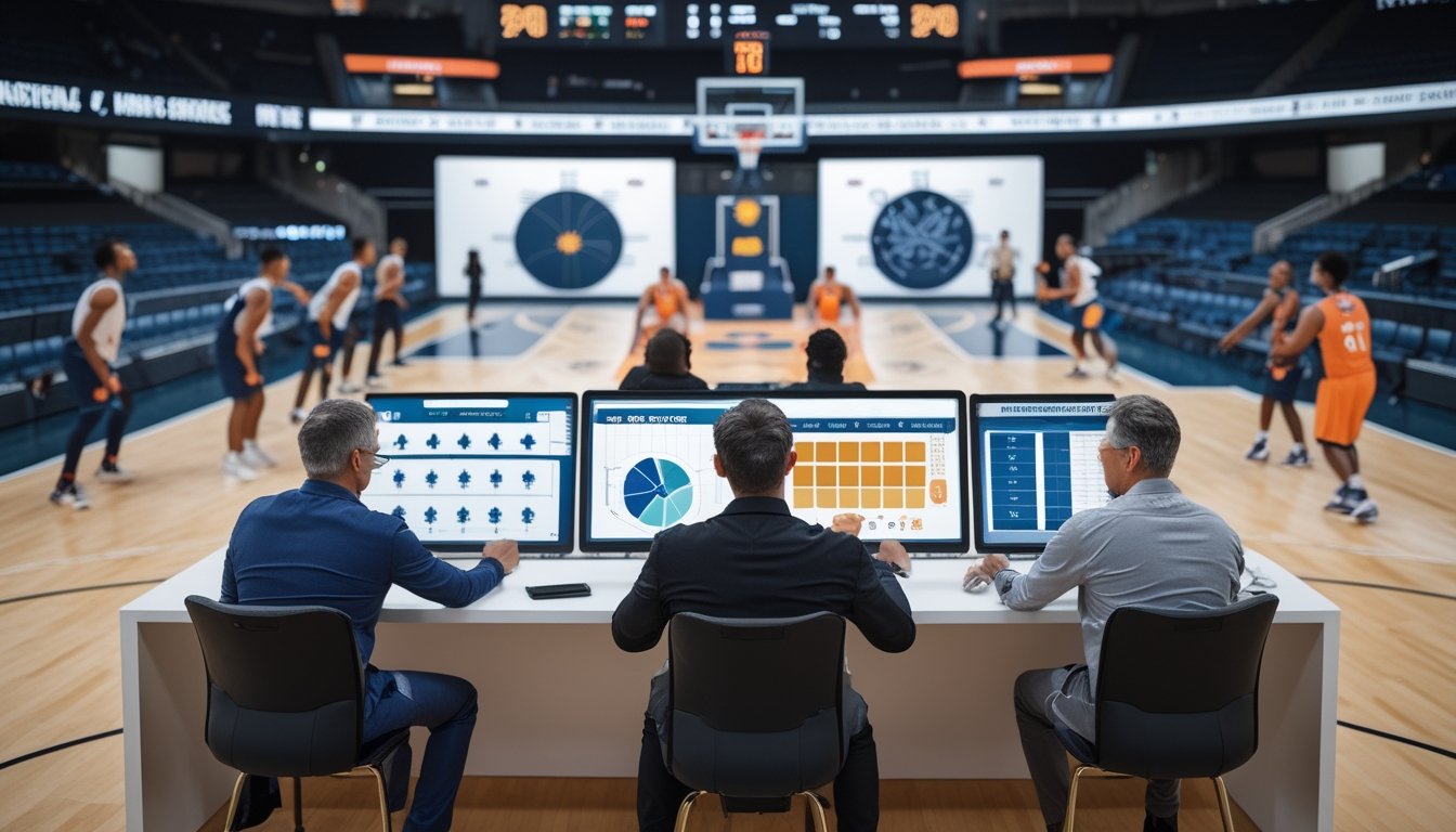 Analis olahraga mengamati pertandingan basket sambil meninjau grafik statistik dan data pertandingan.