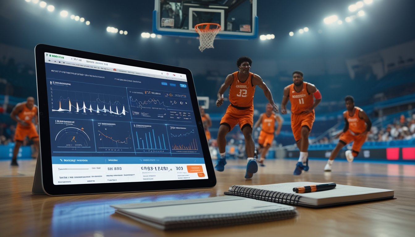 Pertandingan bola basket internasional berlangsung di arena dengan analis yang memeriksa data pertandingan pada tablet.