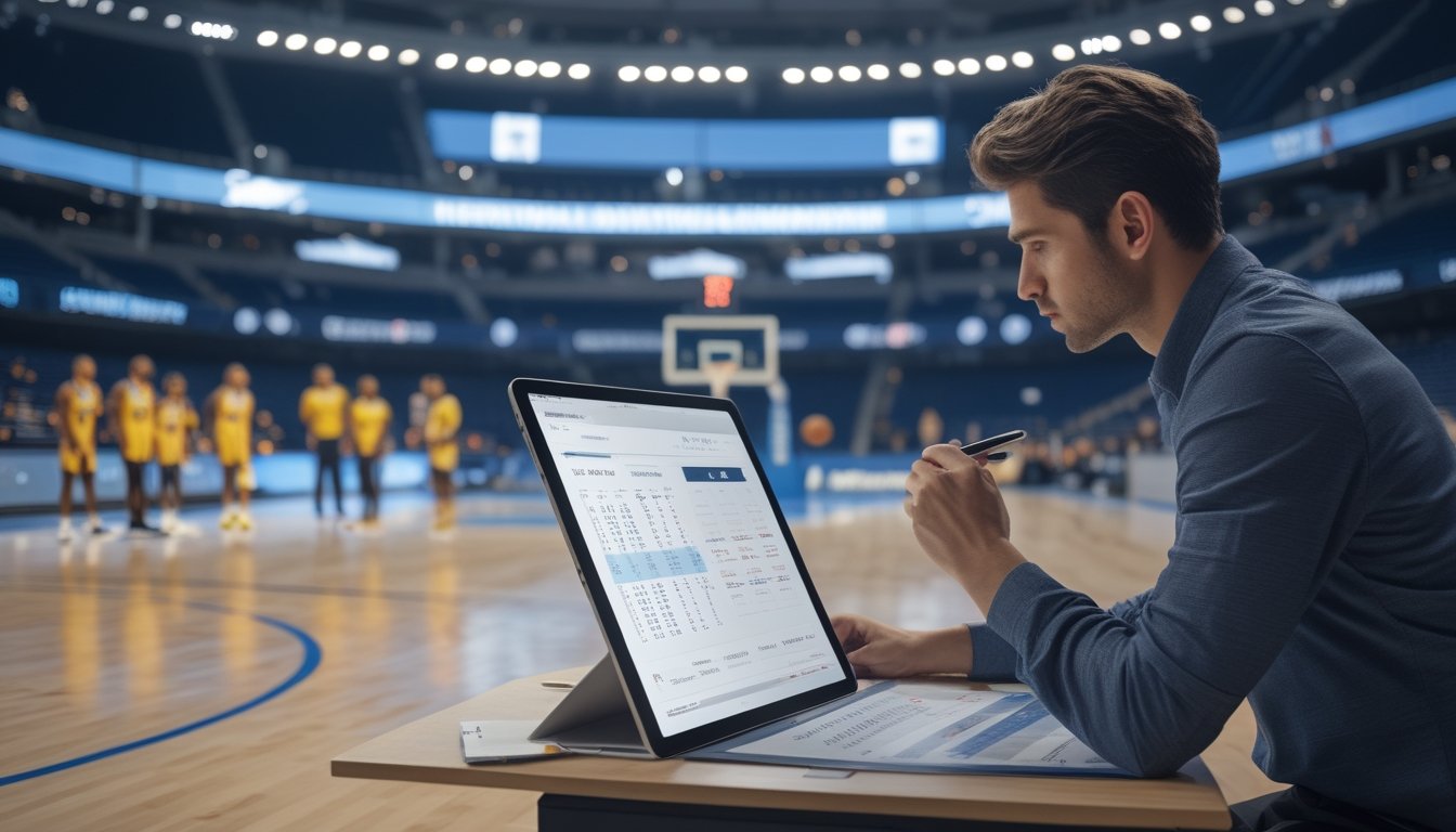 Analis olahraga meninjau data pertandingan basket di tepi lapangan dengan para pemain yang sedang melakukan pemanasan di arena.