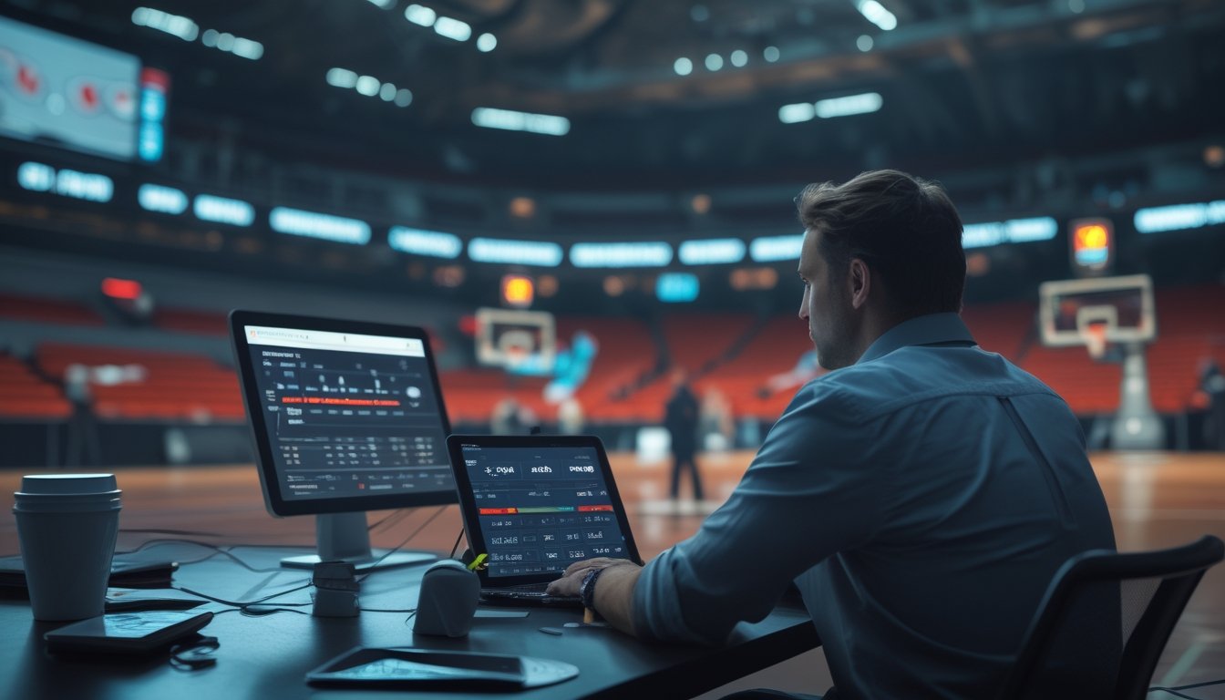 Seorang bettor menganalisis data pertandingan basket di meja dengan suasana yang menunjukkan risiko keputusan taruhan yang buruk.