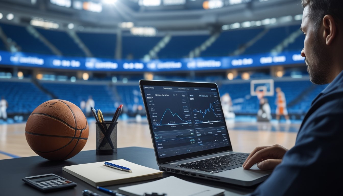 Analis menganalisis data pertandingan basket di laptop dengan bola basket dan catatan kosong di meja.