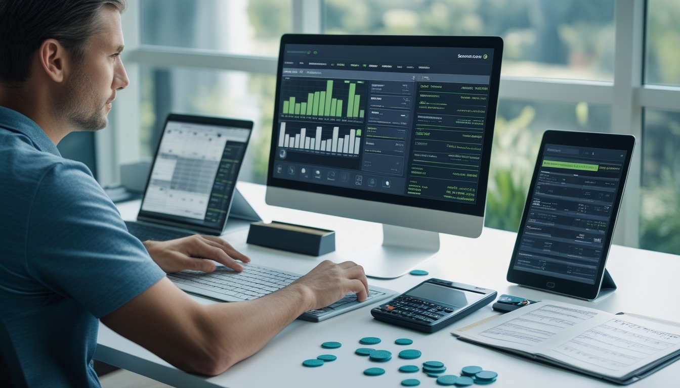 Seorang analis olahraga meninjau data dan rencana anggaran di meja kerja dengan laptop, kalkulator, buku catatan, dan bola basket.