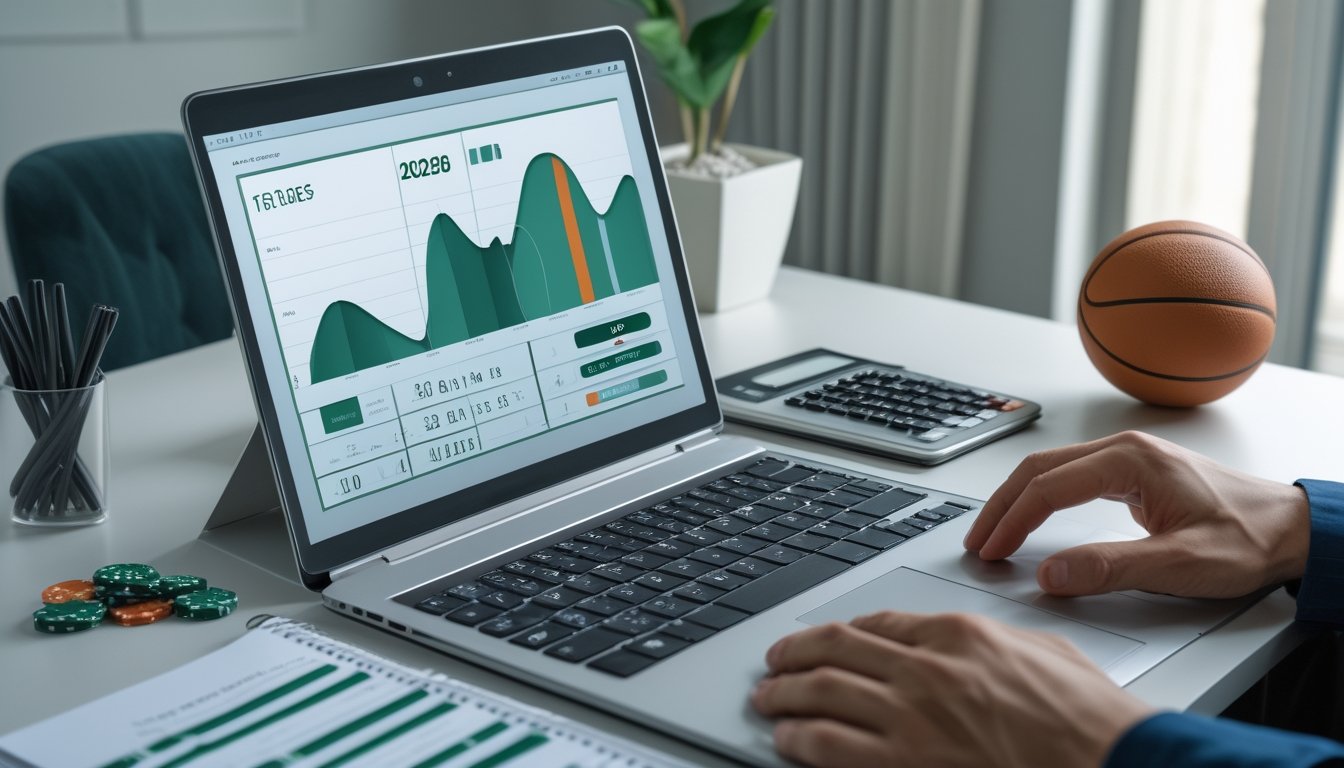 Meja kerja modern dengan laptop berisi grafik analitik basket, token yang terbagi rapi, kalkulator, dan bola basket.