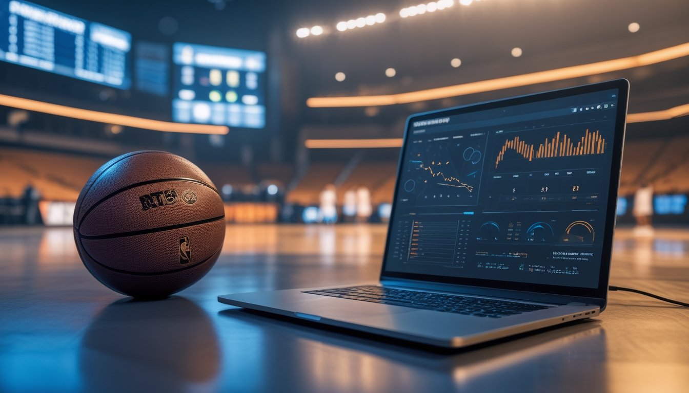 Meja analis dengan bola basket, laptop berisi grafik statistik abstrak, dan arena basket profesional di latar belakang.
