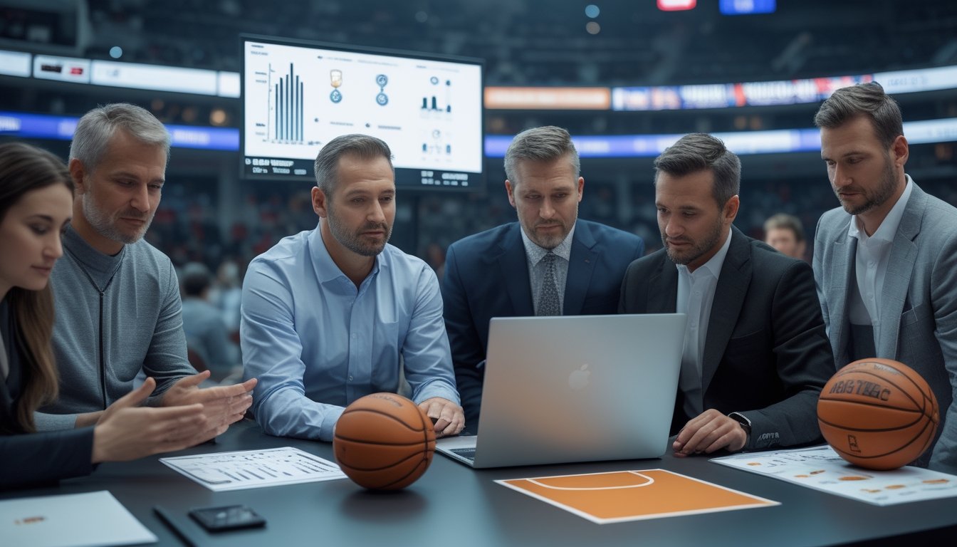 Analis basket dewasa menganalisis data pertandingan di meja dengan laptop, tablet, dan bola basket di studio olahraga.