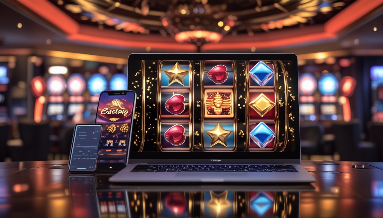 Perangkat digital menampilkan permainan bergaya mesin slot di ruang hiburan dengan dekorasi berwarna emas dan cahaya meriah.