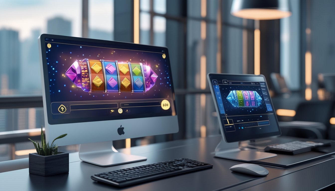 Monitor dan ponsel menampilkan antarmuka permainan digital bertema joker dan berlian dengan simbol keamanan di meja kerja modern.