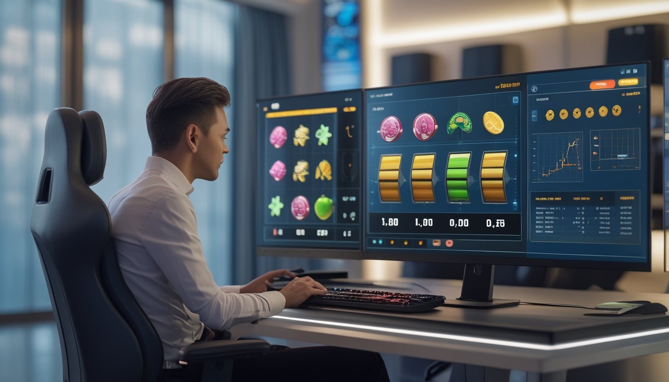 Seorang pemain dewasa menganalisis antarmuka permainan slot dan grafik statistik di ruang hiburan modern.