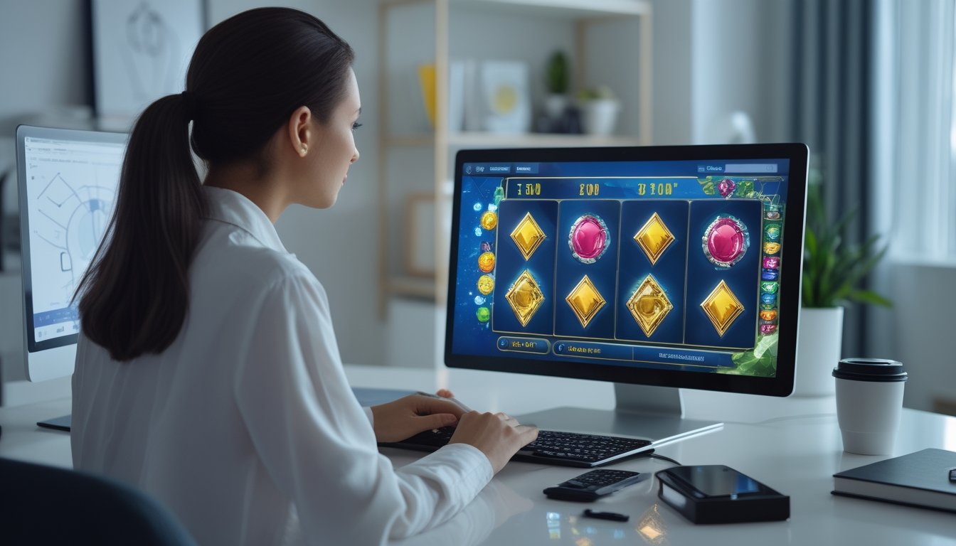 Seorang dewasa melihat permainan mesin slot digital di laptop dari meja kerja yang rapi.