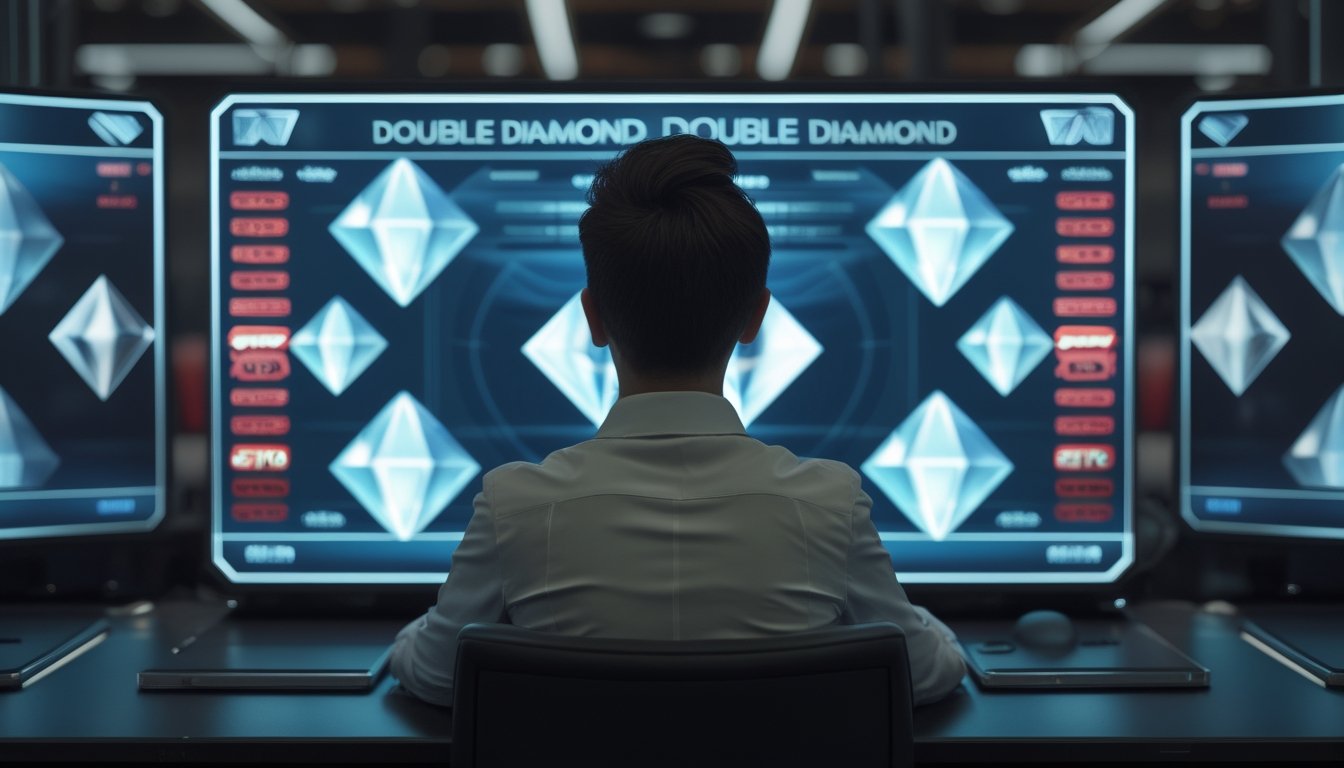 Seorang pemain dewasa mengamati permainan slot bertema berlian pada monitor di lingkungan kasino modern.