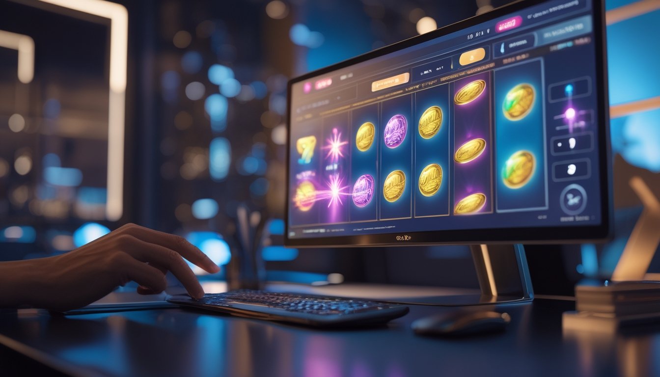 Monitor dan ponsel menampilkan permainan mesin slot abstrak dengan koin berkilau dan grafik analisis di meja modern.