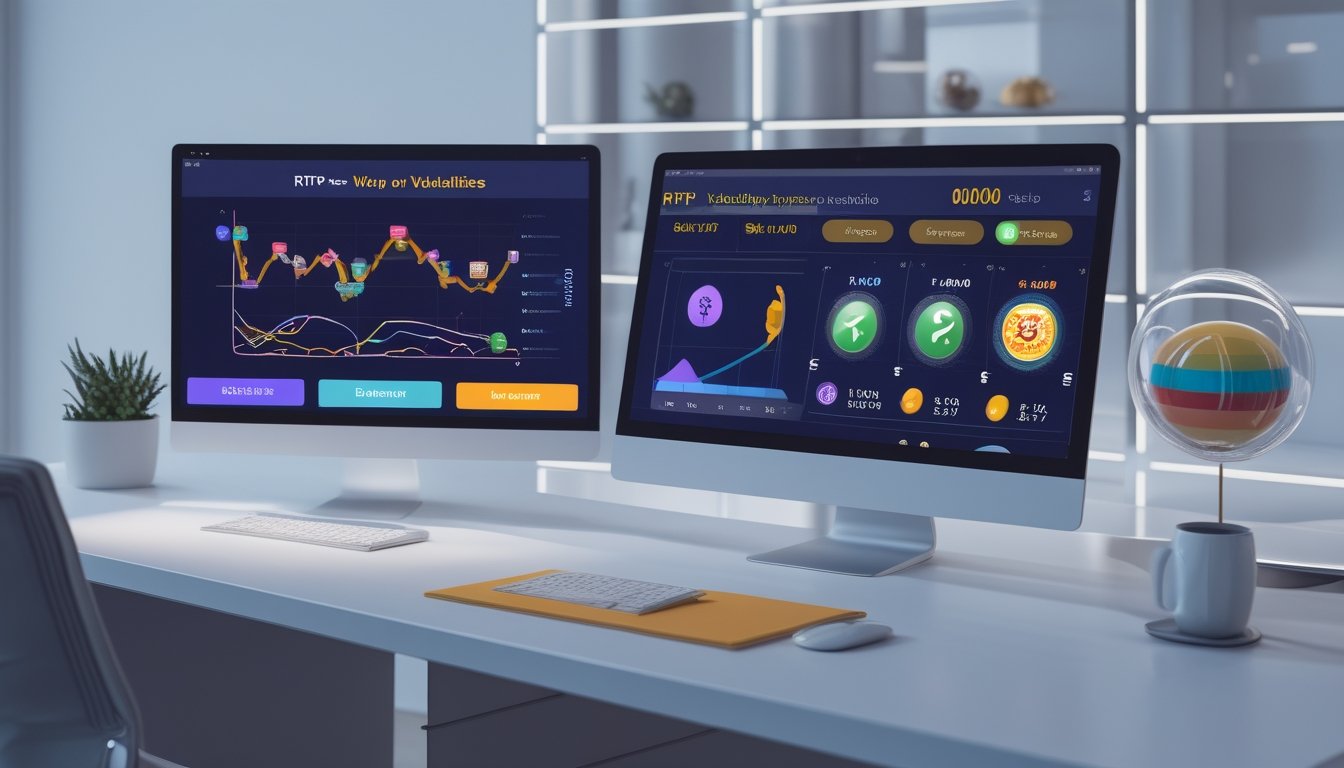 Meja kerja modern dengan laptop yang menampilkan grafik abstrak tentang probabilitas, volatilitas, dan mekanisme permainan.