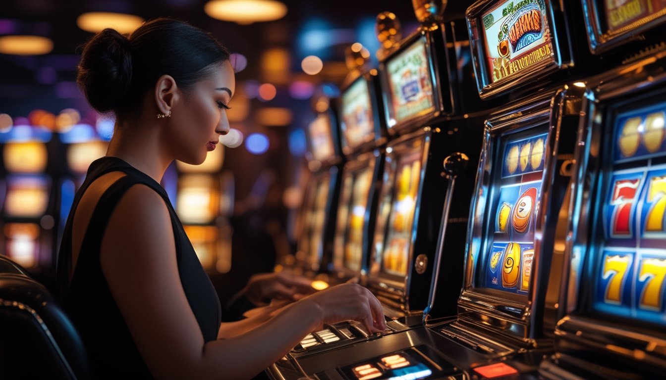 Seorang pemain dewasa memainkan dua mesin slot bergaya klasik di dalam kasino dengan pencahayaan hangat.