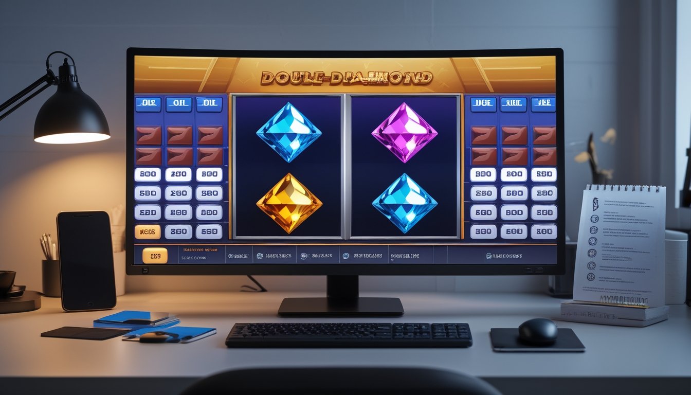 Meja kerja modern dengan monitor yang menampilkan permainan slot bertema berlian dan perlengkapan digital untuk panduan pendaftaran.