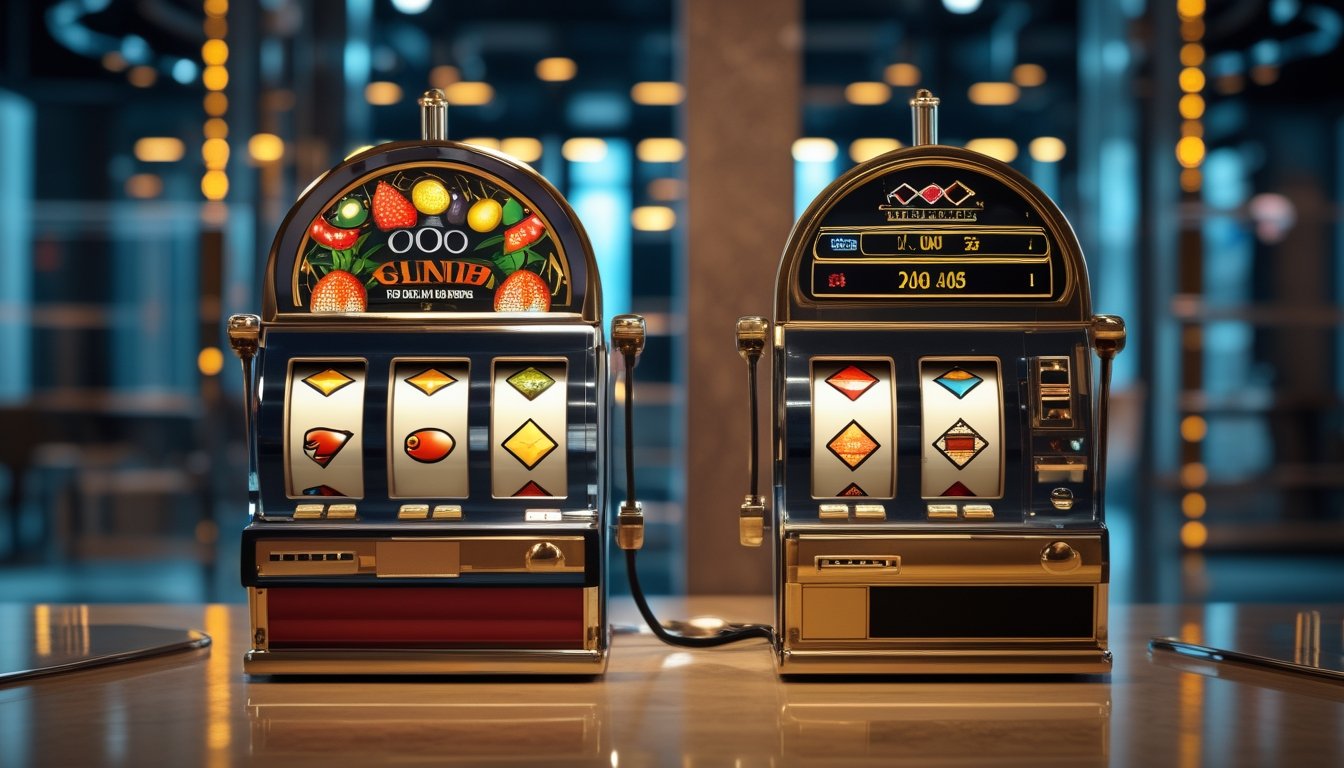 Dua mesin slot klasik bertema buah dan berlian berdampingan di ruang kasino modern dengan grafik perbandingan abstrak.