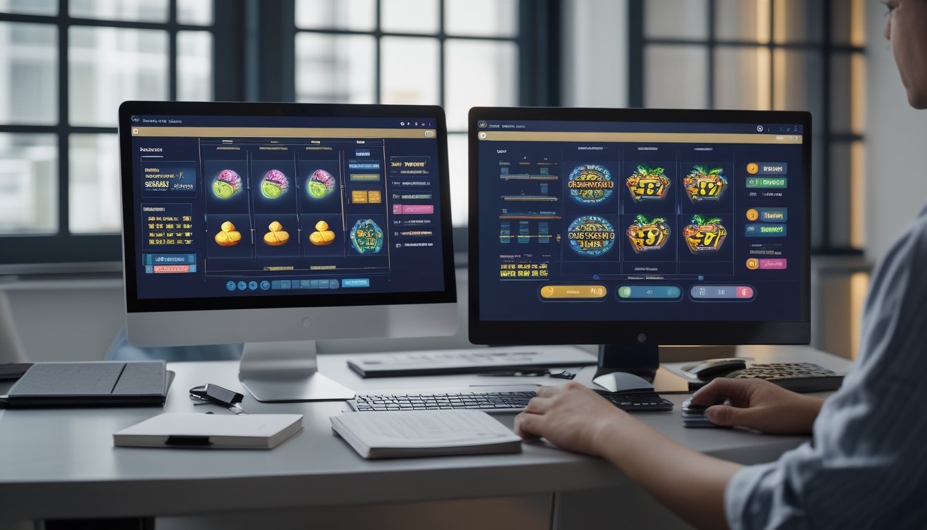 Analis sedang membandingkan data visual dari dua permainan slot pada laptop di meja kerja modern.