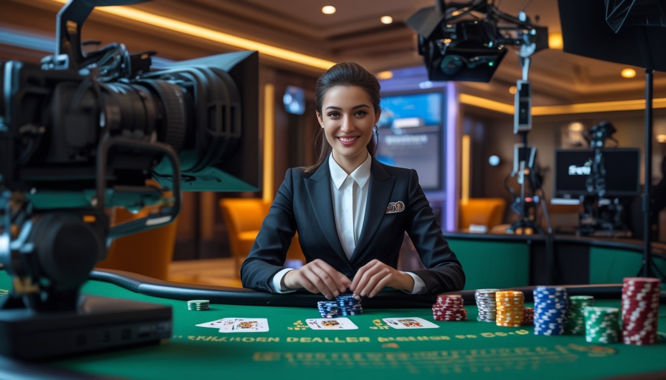 Dealer membagikan kartu di meja poker dalam studio kasino modern dengan kamera siaran dan keping taruhan.
